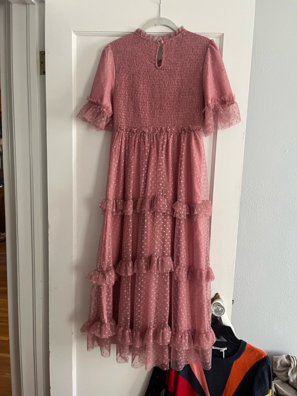 Smocked Pink Polka Dot Midi Dress with Ruffle Tiers - Picture 3 of 6
